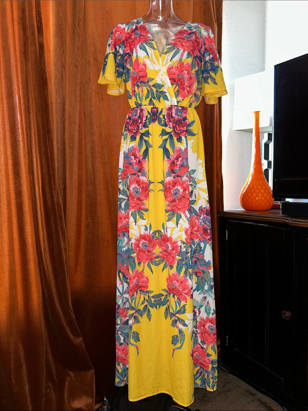 Flying Tomato Yellow Maxi Dress with Red Floral Print